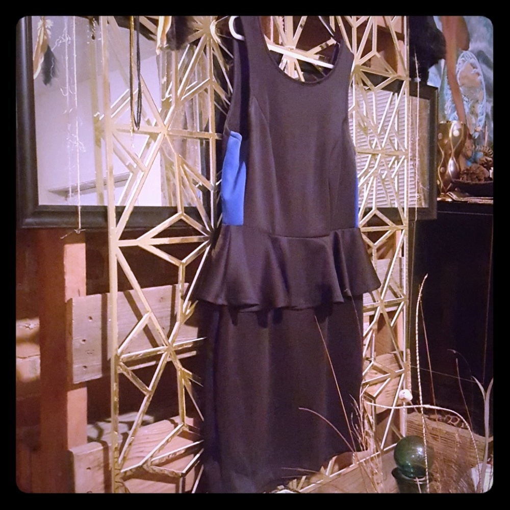 Black w/ blue stripe peplum party dress